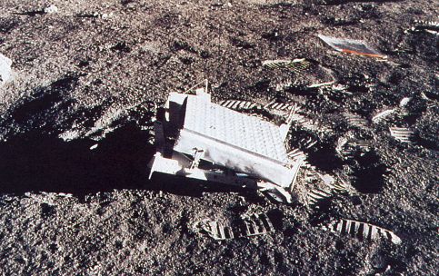 image of retroreflector array and Ziploc bag on Moon surface